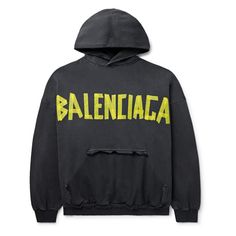 This hoodie features Balenciaga's 'Tape Type' logo, designed to imitate a cool, DIY project. It's cut for an oversized fit from fleece-back cotton-jersey and has a 'ripped' kangaroo pocket for a heavy dose of the label's iconic distressing. Fall Hoodie With Logo Detail, Logo Detail Sweatshirt For Streetwear In Fall, Logo Detail Sweatshirt For Fall Streetwear, Cotton Hoodie With Logo For Streetwear, Urban Sweatshirt With Logo Detail For Fall, Oversized Urban Sweatshirt With Logo, Oversized Logo Sweatshirt For Streetwear, Long Sleeve Hoodie With Logo For Streetwear, Oversized Logo Hoodie For Fall