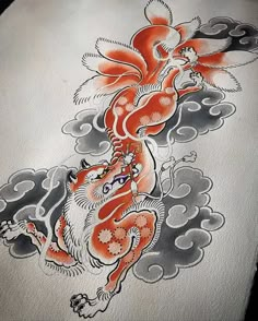 Traditional Japanese Fox Tattoo, Kitsune Traditional Art, Kitsune Japanese Tattoo, Kitsune Japanese Art, Japanese Fox Tattoo, Red Fox Tattoos, Kitsune Tattoo, Traditional Japanese Tattoo Flash