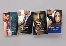 four books on the cover of three different romance novels, each with an image of a man and woman