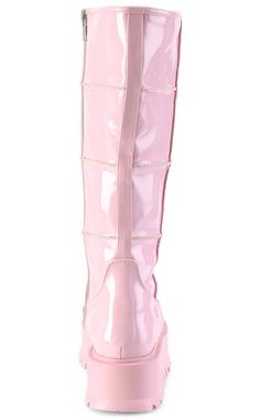 SLACKER-230 Baby Pink Holo Calf Boots-Demonia-Tragic Beautiful Holo Shoes, Pink Knee High Boots, Hologram Shoes, Emo Boots, Platform Knee High Boots, High Platform Boots, Demonia Boots, Knee High Platform Boots, Alternative Shoes