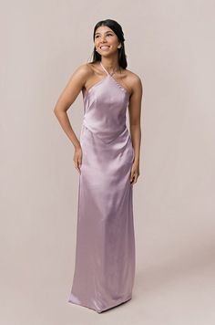 Model: Jacinth; Size: 4 Lilac Bridesmaid, Wedding Parties Colors, Lilac Bridesmaid Dresses, Bridesmaid Dress Colors, Back Back, Halter Neckline, Fitted Silhouette, Satin Dress, Color Swatches