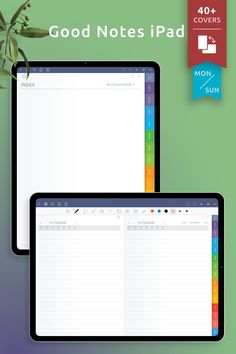 two ipads sitting next to each other on top of a green background with text reading good notes ipad