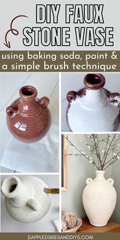 four different vases with text overlay that says diy faux stone vase using baking soda, paint & a simple brush technique