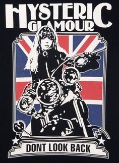 a black t - shirt with an image of a woman on a motorcycle and the words, mystic glamour don't look back