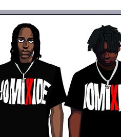 two black men wearing t - shirts with the word ommide printed on them