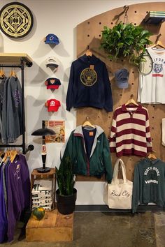 the shop has many different types of clothing hanging on the wall and in front of it is a potted plant