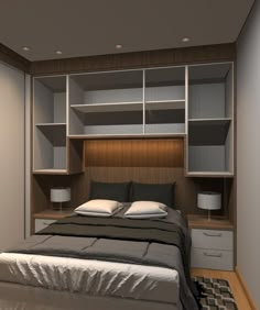 this is a 3d image of a bedroom with built in shelvings and a bed