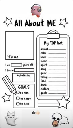 an all about me activity sheet for kids to practice their writing skills and spelling the words