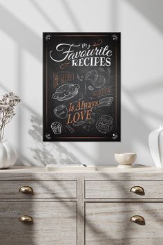 a chalkboard sign that says, my favorite recipe is always love on the wall