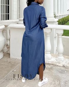 Fisdy - Vestido camisero vaquero clásico de manga larga con cierre de botones Casual Chic Denim, Maxi Pattern, Bodycon Tank Dress, Long Sleeve Denim Shirt, Style Casual Chic, Denim Shirt Dress, Roll Up Sleeves, Women Maxi, Daily Dress