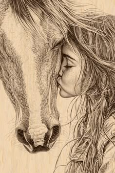 a drawing of a girl and a horse's face with long, wavy hair