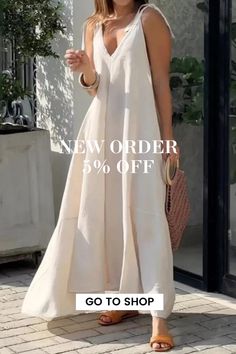 Elegant Swing Beach Solid Color Loose V-Neck Fashion Maxi Dress Solid Color V-neck Maxi Dress For Vacation, Casual V-neck Dress For Beach Season, Summer V-neck Dresses In Solid Color, Solid Color V-neck Maxi Dress For Beach, Casual Solid Color Maxi Dress For Beach, Chic Solid Color V-neck Beach Dress, Solid Color Sundress For Beach Vacation, White V-neck Maxi Dress For Summer, Summer V-neck Solid Color Sundress