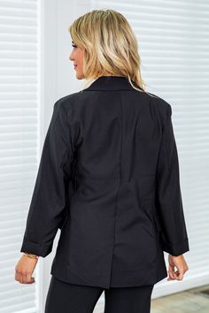 Details Black blazer Fabric has some stretch Pockets and buttons are not functional Pair this blazer with pants and heels! Lined Size small from shoulder to hem: 25.5" Material and Care 95% polyester 5% spandex Hand wash cold, hang to dry Patterns may vary Materials may have natural variations Colors may vary from different viewing devices. Black Long Sleeve Blazer With Ruffles, Black Stand Collar Blazer With Button Closure, Elegant Black Single-button Blazer, Black Single-breasted Blazer With Shawl Collar, Sleek Black Single-button Blazer, Boss Black, Black Blazer, Spandex, Blazer