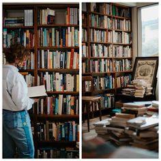 a woman standing in front of a bookshelf filled with lots of books next to a window