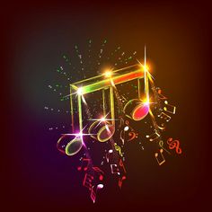 an abstract music background with musical notes and trebles in neon colors on a black background