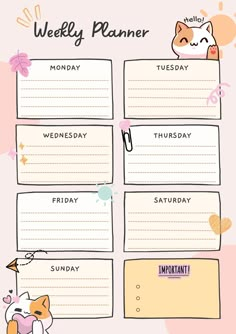 Cute Printable weekly planner, kawaii, Hello Printable Landscape, Weekly Organiser, Office Planner 7daymealplanner #gratitudeplanner🍛 Weekly Planner Drawing Ideas, Cute Weekly Planner Template, Hello Printable, Cat Planner, Weekly Planner Ideas, Best Weekly Planner, Weekly Planner Print, Weekly Planner Free Printable, Free Daily Planner