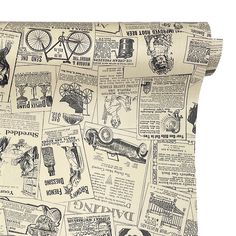 an old newspaper pattern is shown on the back of a pillow cover with images of bicycles and other things