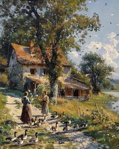 a painting of people feeding birds in front of a house on the water's edge