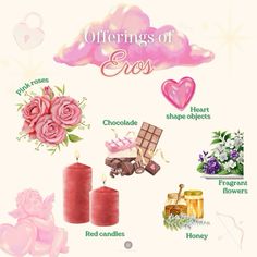 the different types of valentine's day items are shown in this image, including candles and flowers