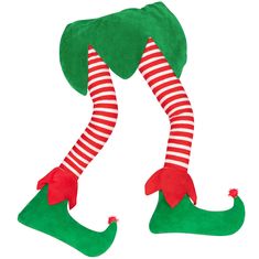 an elf's legs with red and green striped stockings, one leg in the air