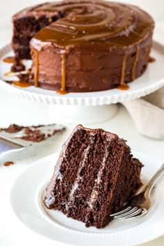 a slice of chocolate cake on a white plate