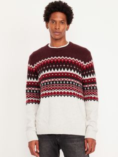 crew neck long sleeves rib-knit trim fair isle print varies pullover style relaxed fit hits at hip model is approx.  6'1" and wears size mmachine wash according to the care instruction label  . Best Holiday gift for Men , perfect Sweaters for Christmas! Holiday Party Outfit Inspiration, Colour Analysis, Christmas Sweater Men, Pajamas Gift, Old Navy Men, The North Pole, Holiday Party Outfit, Fair Isle Sweater, Work Tops