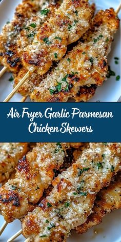 grilled chicken skewers with parmesan cheese and herbs on the top