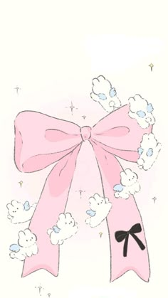 a drawing of a pink bow with clouds and stars around it on a white background