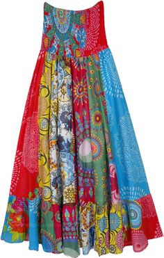 A two-in-one glam skirt in cotton voile fabric that can be dressed as both a skirt and a dress.  This colorful hippie dress skirt has mixed prints (floral, abstract, and ethnic) and has a vertical long patchwork style construction. #tlb #Patchwork #vacationclothing #beachwrap #Floral #Printed #bohemianfashion #BeachDress Fun Skirts For Teachers, Summer Printed Cotton Skirt, Summer Cotton Printed Skirt, Summer Hippie Boho Print Skirt, Summer Multicolor Boho Print Skirt, Bohemian Floral Print Patterned Skirt, Multicolor Hippie Skirt For Festivals, Vacation Cotton Printed Skirt, Summer Multicolor Gathered Maxi Skirt