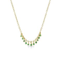 For the perfect drops of emeralds sprinkled on your neckline. 14K sustainable gold 0.40 tcw round emeralds Dimensions: 16" chain with 15" option, lobster clasp closureDelivery: Please allow up to 1-2 weeks for delivery. For rush orders please contact our Concierge. Emerald Necklace With Delicate Yellow Gold Chain, Yellow Gold Emerald Necklace With Delicate Chain, Delicate Yellow Gold Emerald Necklace, Squash Blossom, Emerald Necklace, Emerald Jewelry, Jump Rings, Diamond Earrings, Emerald