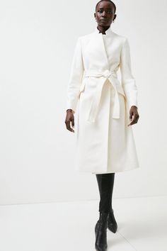 Italian Wool Cashmere Notch Neck Coat | Karen Millen All White Winter Outfit, Long Coat Outfit, Outfitters Clothes, The Other Woman, Beautiful Wardrobe, Notched Neckline, Man And Wife, Chic Coat, Urban Outfitters Clothes