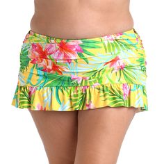 The lively combination of colors and tropical motifs on this swim collection exudes a playful and energetic vibe, making it a perfect choice for those seeking a bold and stylish beach look. Featuring a ruffled skirt with built-in bottoms, this suit is up for anything, whether snorkeling in the sea or swimming in the pool. A shirred waistband and romantic ruffles instantly flatter the figure. Full rear coverage gives you the confidence you need to strut around the deck or poolside in style. [spli Green Tropical Print Bottoms For Poolside, Summer Floral Print Swim Skirt, Playful Swimwear With Elastic Waistband For Vacation, Tropical Bottoms With Elastic Waistband For Pool, Tropical Pool Bottoms With Elastic Waistband, Summer Playful Floral Print Bottoms, Playful Floral Print Summer Bottoms, Stretch Floral Print Bottoms For Beach Party, Hawaiian Swimwear For Beach Season