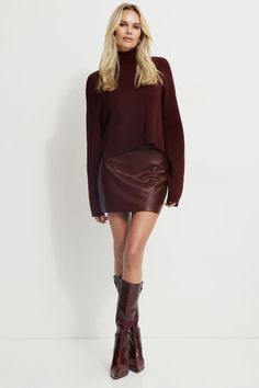 Kylie Faux Leather Mini Skirt Burgundy Band Tee Leather Skirt, Dark Red Leather Skirt, Burgundy Faux Leather Skirt Outfit, Autumn 24 Fashion, Leather Skirts With Boots, Burgundy Black Outfit, Maroon Leather Skirt Outfit, Burgundy Mini Skirt Outfit, Suede Mini Skirt Outfit