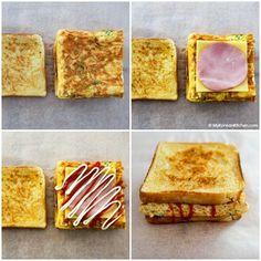 four different views of toasted sandwiches with ham and cheese