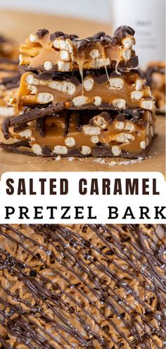 salted caramel pretzel bark with chocolate drizzle