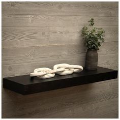 a black shelf with two white rings on it and a potted plant