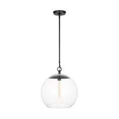 a glass globe light hanging from a black metal ceiling fixture with an acrylic bulb