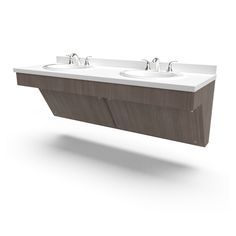 two white sinks sitting under a mirror on top of a wooden cabinet with three faucets