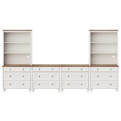 a white dresser with two open shelves and drawers next to each other on casteors