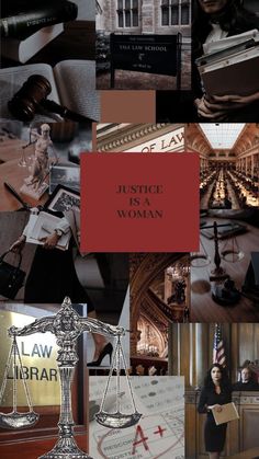 justice is a woman collage with images of law books, scales and gavel