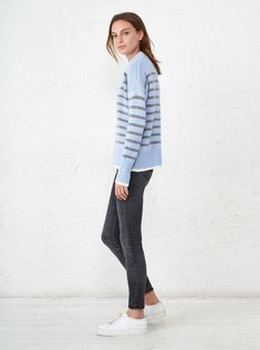 Marin Sweater – La Ligne Contrast Stripes Sweater For Layering, Casual Wool Sweater With Striped Cuffs, Classic Light Blue Winter Sweater, Blue Winter Sweater With Striped Cuffs, Striped Cashmere Sweater For Winter, Classic Blue Ribbed Sweater, Fine Knit Light Blue Fall Sweater, Winter Striped Cashmere Sweater, Marin Sweater