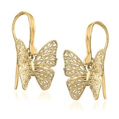 Ross-Simons - Italian 14kt Yellow Gold Filigree Butterfly Earrings. Sweeten your look with these charming Italian-made earrings. These beautiful butterflies shine in 14kt yellow gold filigree and create an adorable pair. Earwire, 14kt yellow gold butterfly earrings. Butterflies Jewelry, Gold Butterfly Earrings, Oval Signet Ring, Old Symbols, Butterfly Fashion, Butterfly Earrings Gold, Fine Jewelery, Script Type, Butterfly Jewelry