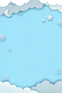 paper cut snowflakes and stars in the sky with clouds on a blue background