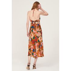 Multicolored floral satin (100% Polyester). Lining (100% Polyester). Slip. Sleeveless. Halter neck. Back zipper closure. 54" from shoulder to hemline. Imported. Spring Silk Halter Neck Midi Dress, Satin Halter Neck Midi Dress For Summer, Summer Satin Halter Neck Midi Dress, Summer Halter Neck Satin Midi Dress, Summer Satin Midi Dress With Halter Neck, Sleeveless Satin Maxi Dress For Vacation, Summer Floral Print Satin Maxi Dress, Spring Satin Halter Midi Dress, Sleeveless Satin Printed Dress