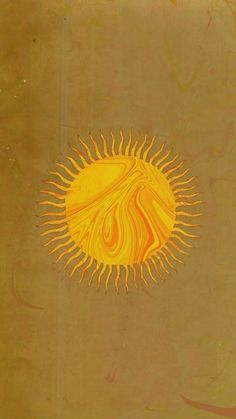 an orange and yellow painting with the sun in it's center on a beige background