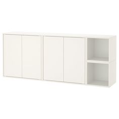 a white cabinet with three doors and two shelves on each side, against a white background