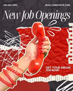 a woman's hand holding a red phone with the words new job openings on it