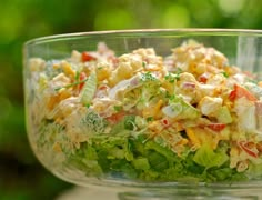 a salad in a glass bowl with lettuce, tomatoes and other toppings