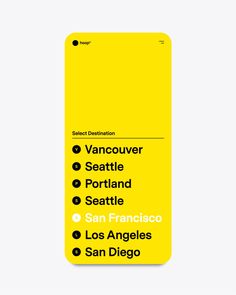 an iphone case with the names of different cities in black and yellow, on a white background