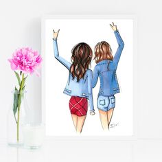 two girls with their arms in the air and one is holding her hands up while standing next to a pink flower